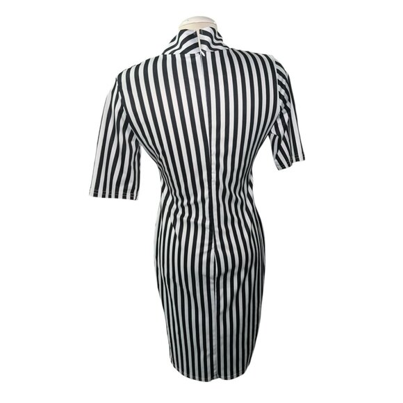 Black & White Vertical Striped Prisoner Jail Costume Dress With High Neck Short - Picture 3 of 10